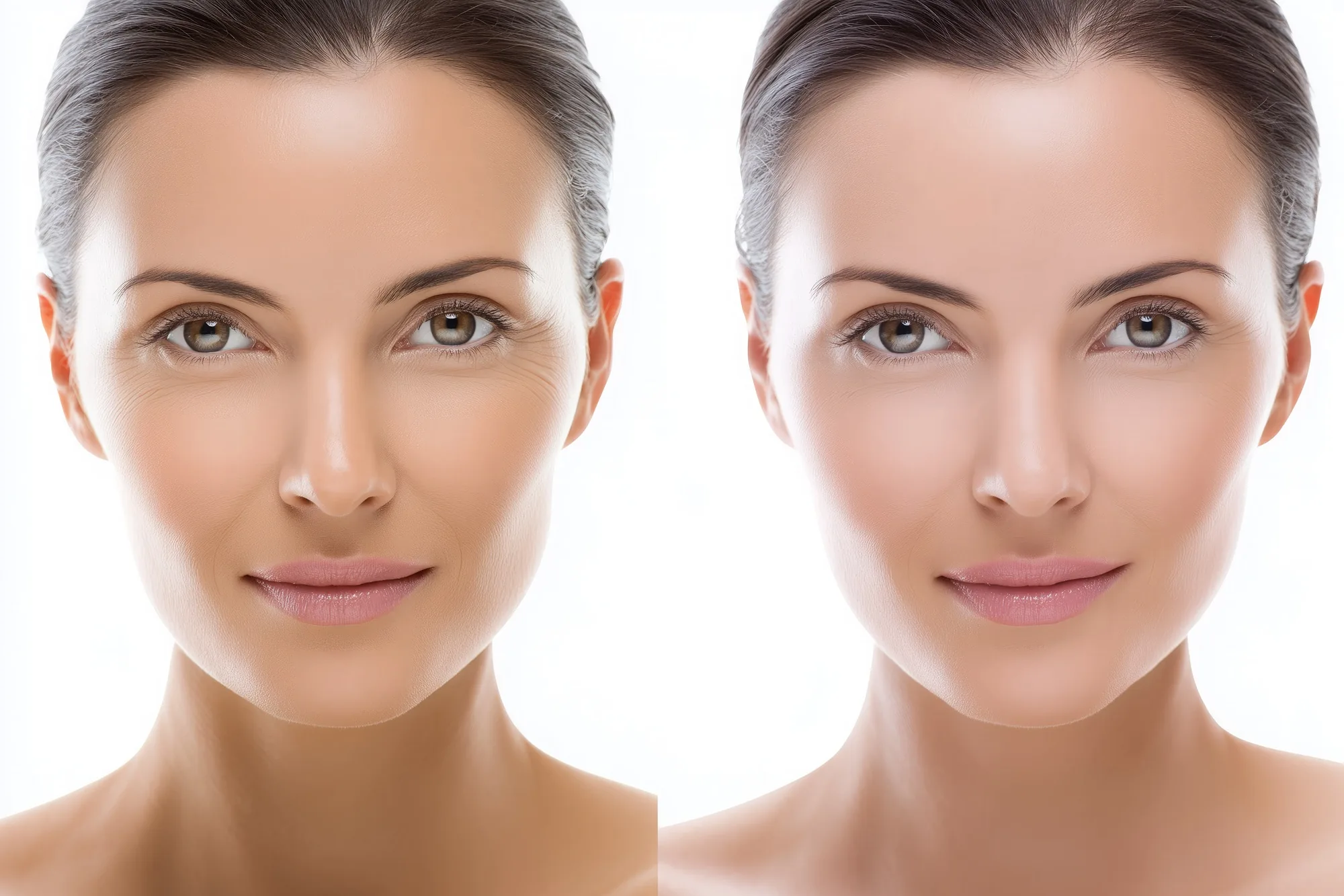 Before-and-after comparison of a woman's face showing fine lines around her eyes smoothed out